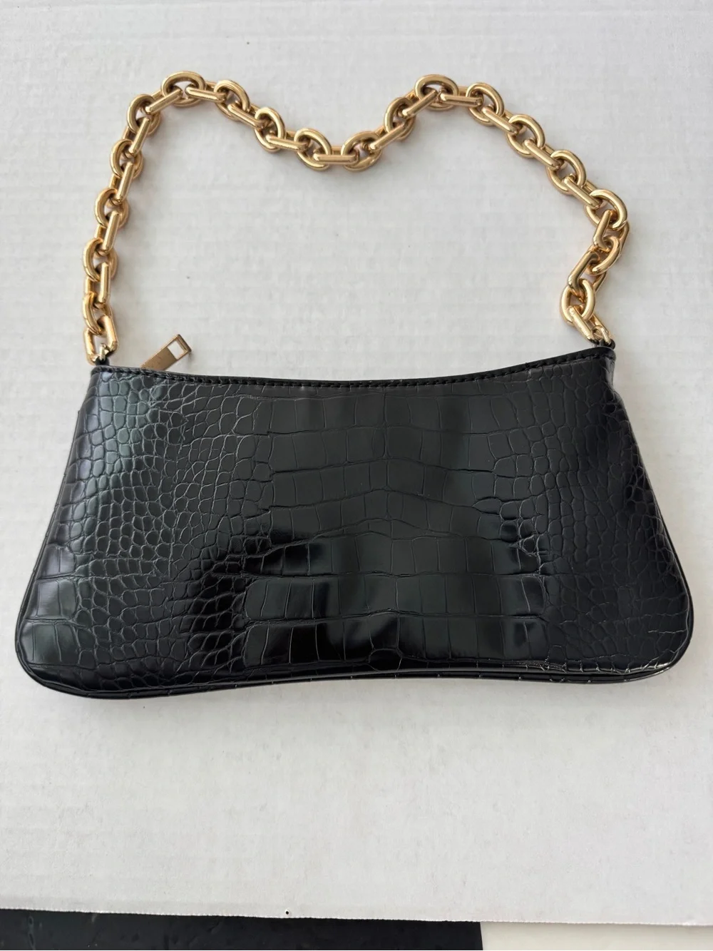 Zara Black Croc-Embossed Clutch with Gold Chain Strap